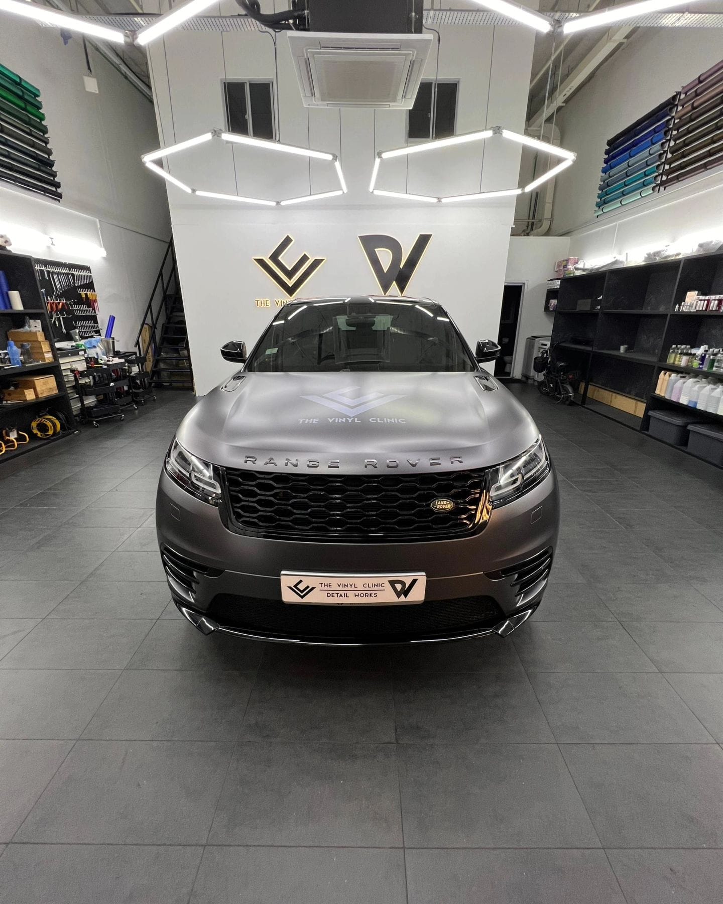Satin Dark Grey Velar with interior steam cleaning by @detailworkssg and custom steering wheel 2 tone nappa leather.