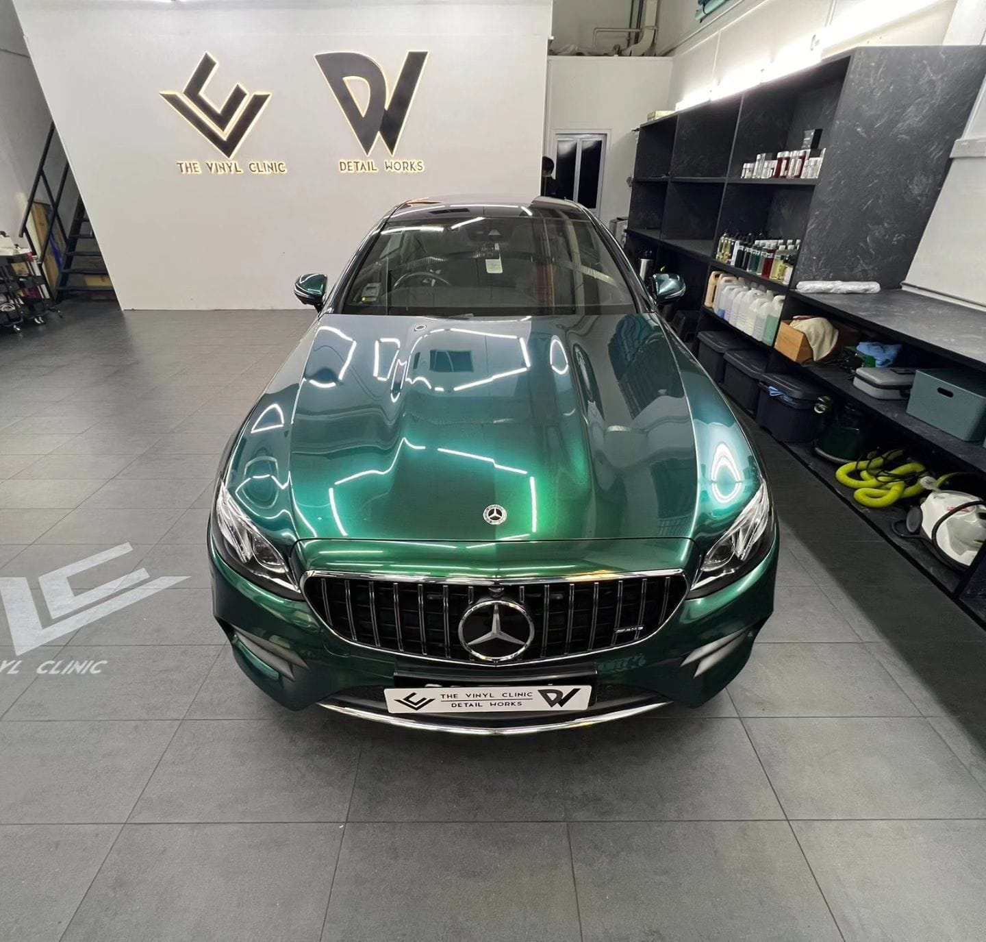 Royal Green E300 with custom yellow brake calipers. Fireball Aegis coating protection by @detailworkssg.