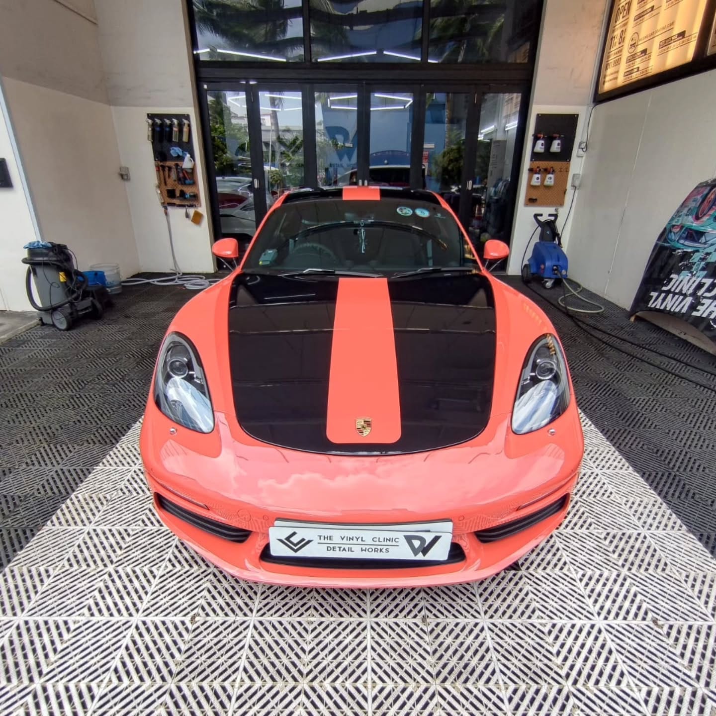 Lava orange with custom racing stripes.