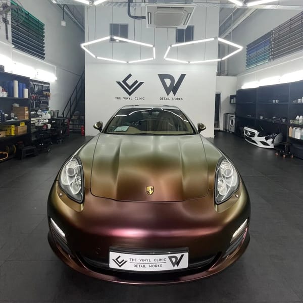 Satin flip volcanic Porsche Panamera with Fireball nano coating.