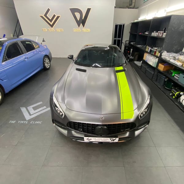 AMG GT Satin Dark Grey inside out wrap. Custom calipers colour with matching AMG racing stripes.